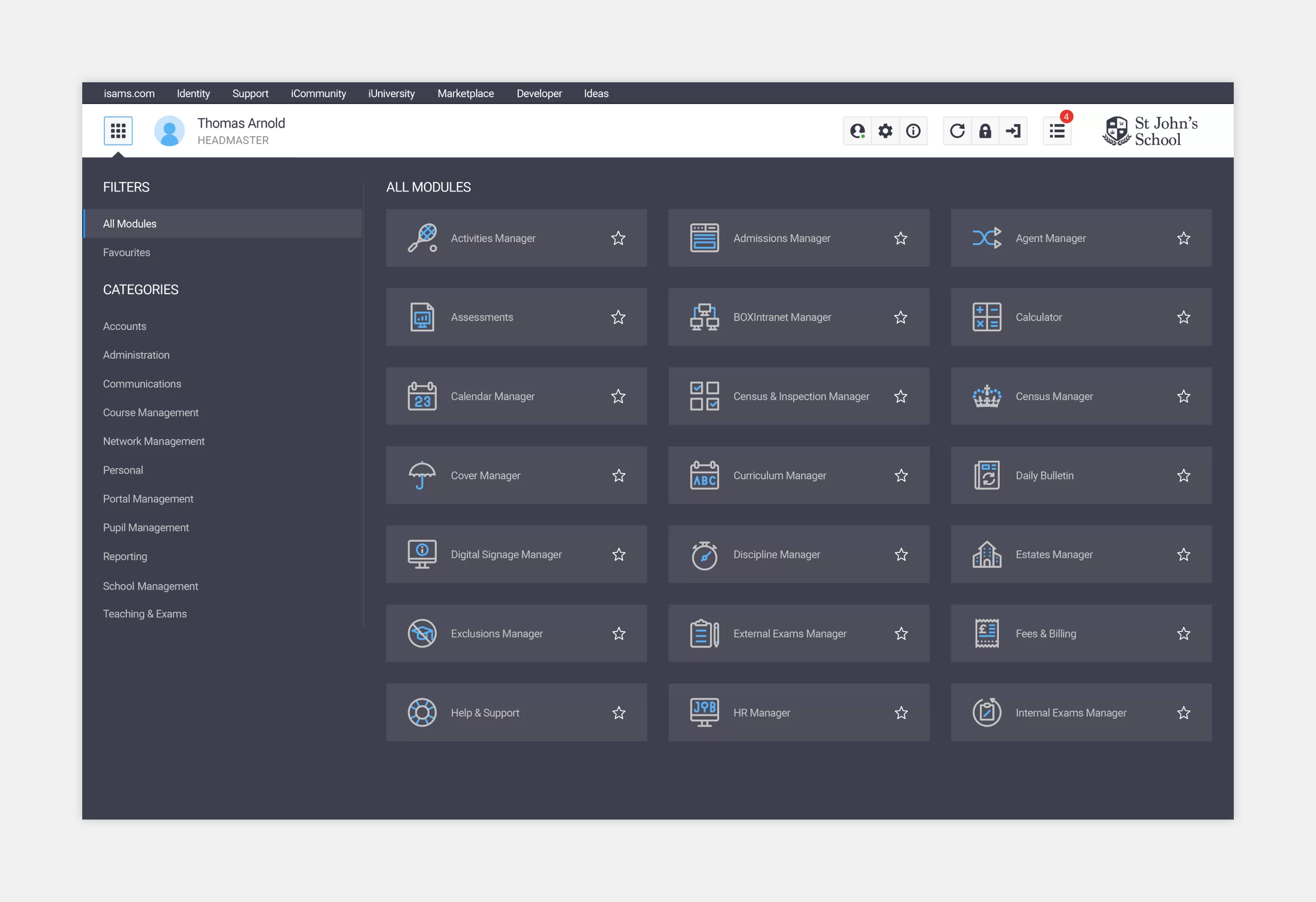 Module overview interface for application